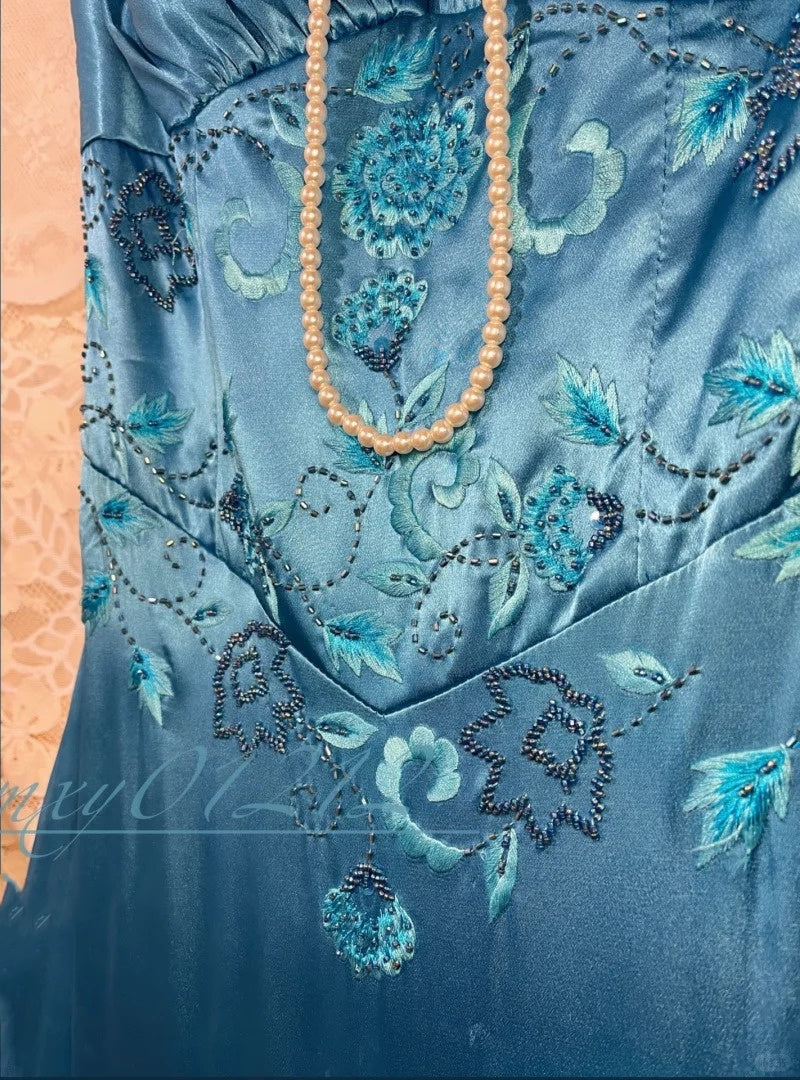 Blaues Blumenkleid, elegantes langes Satin-Ballkleid, Abendkleid, Partykleid, Brautjungfernkleider gh4464
