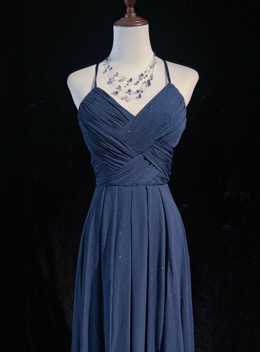 Robe de soirée longue en tulle bleu foncé, brillante, élégante, dos nu, longueur au sol, robe de bal, robe de demoiselle d'honneur, robe de remise de diplôme, gh3864