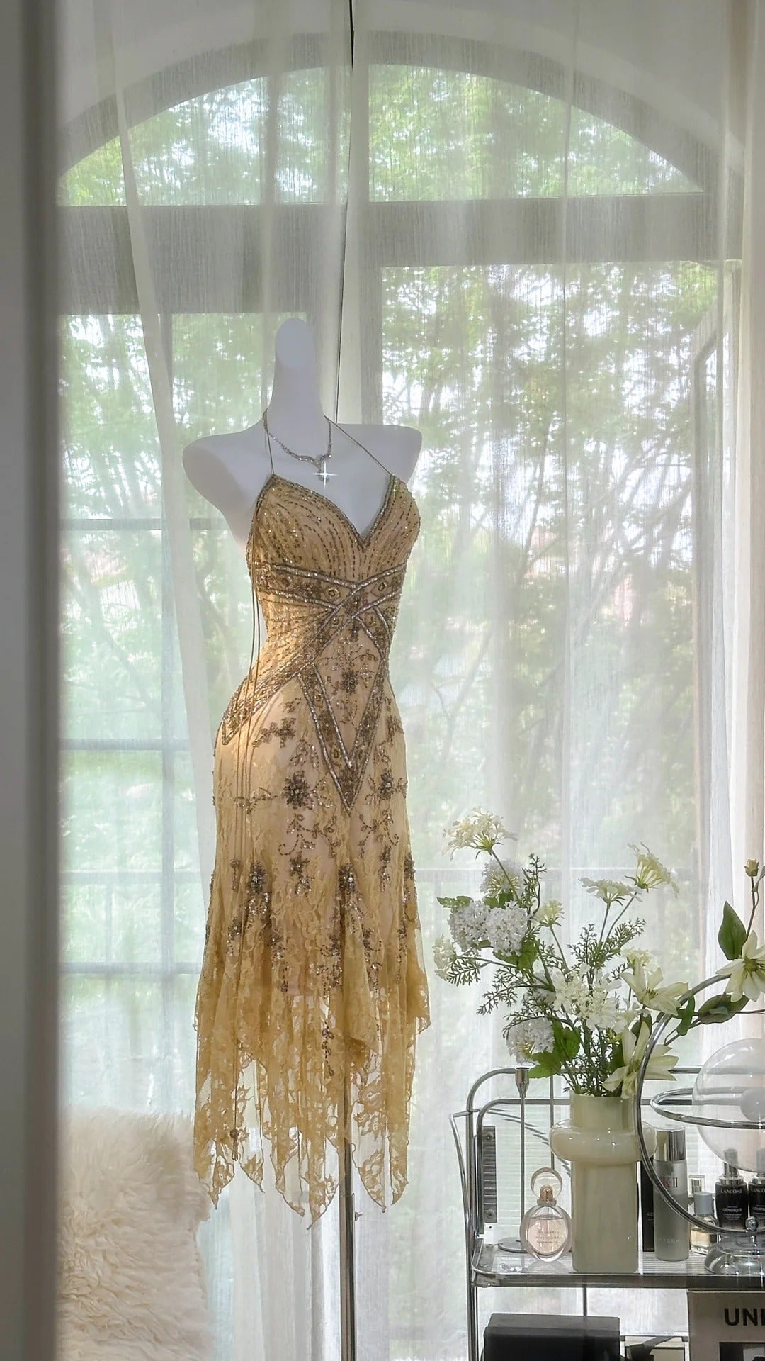 Light yellow brown gorgeous and elegant vintage exquisite beaded long chiffon lace ball dress evening dress birthday party dress prom dress gh3950