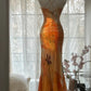 Orange Zarte Blumen Spaghetti Strap Lange Satin Chiffon Ballkleid Abendkleid Partykleid gh4093