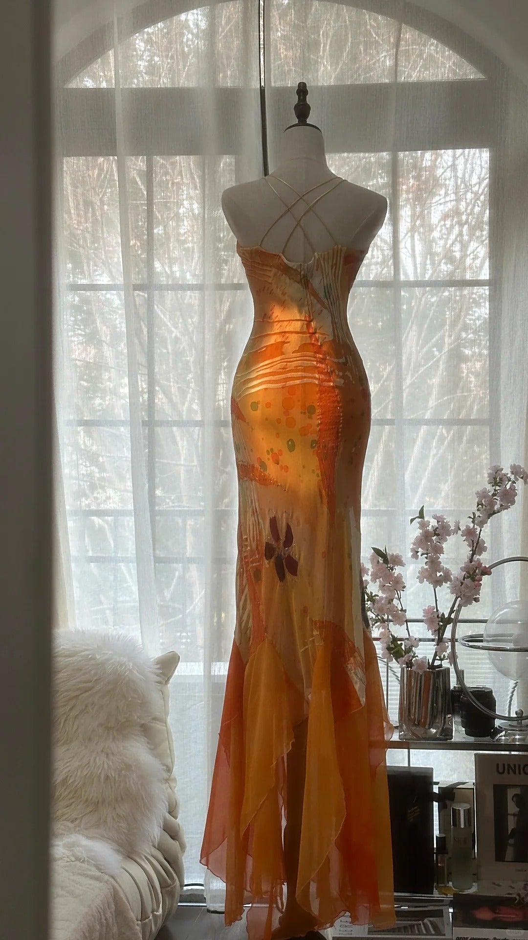 Orange Zarte Blumen Spaghetti Strap Lange Satin Chiffon Ballkleid Abendkleid Partykleid gh4093