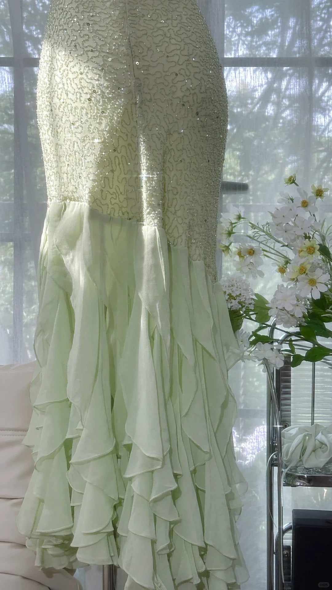 Robe de soirée longue à volants et paillettes, verte et brillante, gh4319