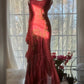 Rot Romantisch Mode Elegant Exquisite Lotus Gold Perlen Lang Chiffon Fischschwanz Rock Meerjungfrau Schlank Ballkleid Abendkleid Geburtstag/Hochzeitsgast/Urlaub Partykleid Ballkleid Valentinstag Date Kleid gh4029