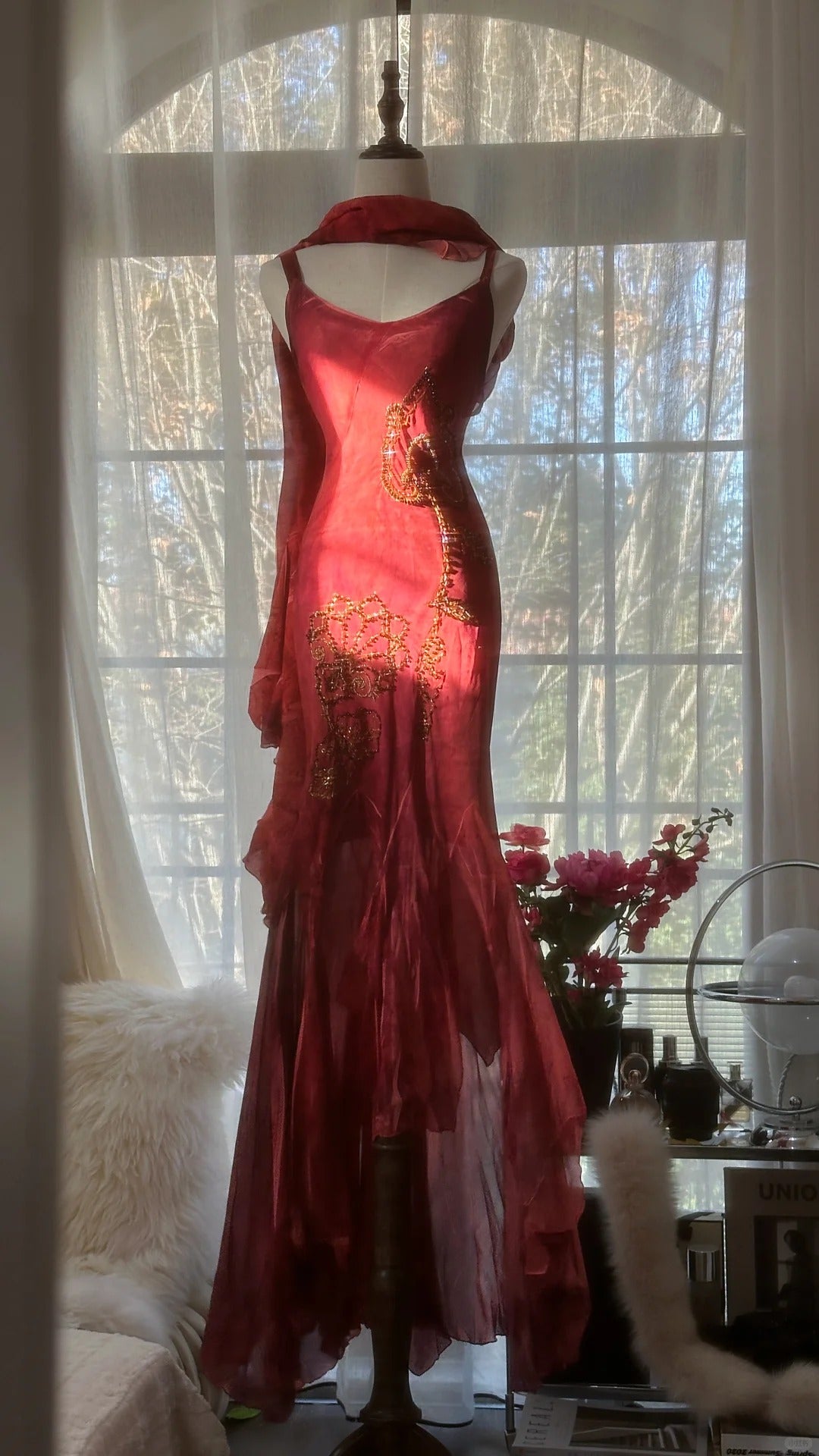 Rot Romantisch Mode Elegant Exquisite Lotus Gold Perlen Lang Chiffon Fischschwanz Rock Meerjungfrau Schlank Ballkleid Abendkleid Geburtstag/Hochzeitsgast/Urlaub Partykleid Ballkleid Valentinstag Date Kleid gh4029