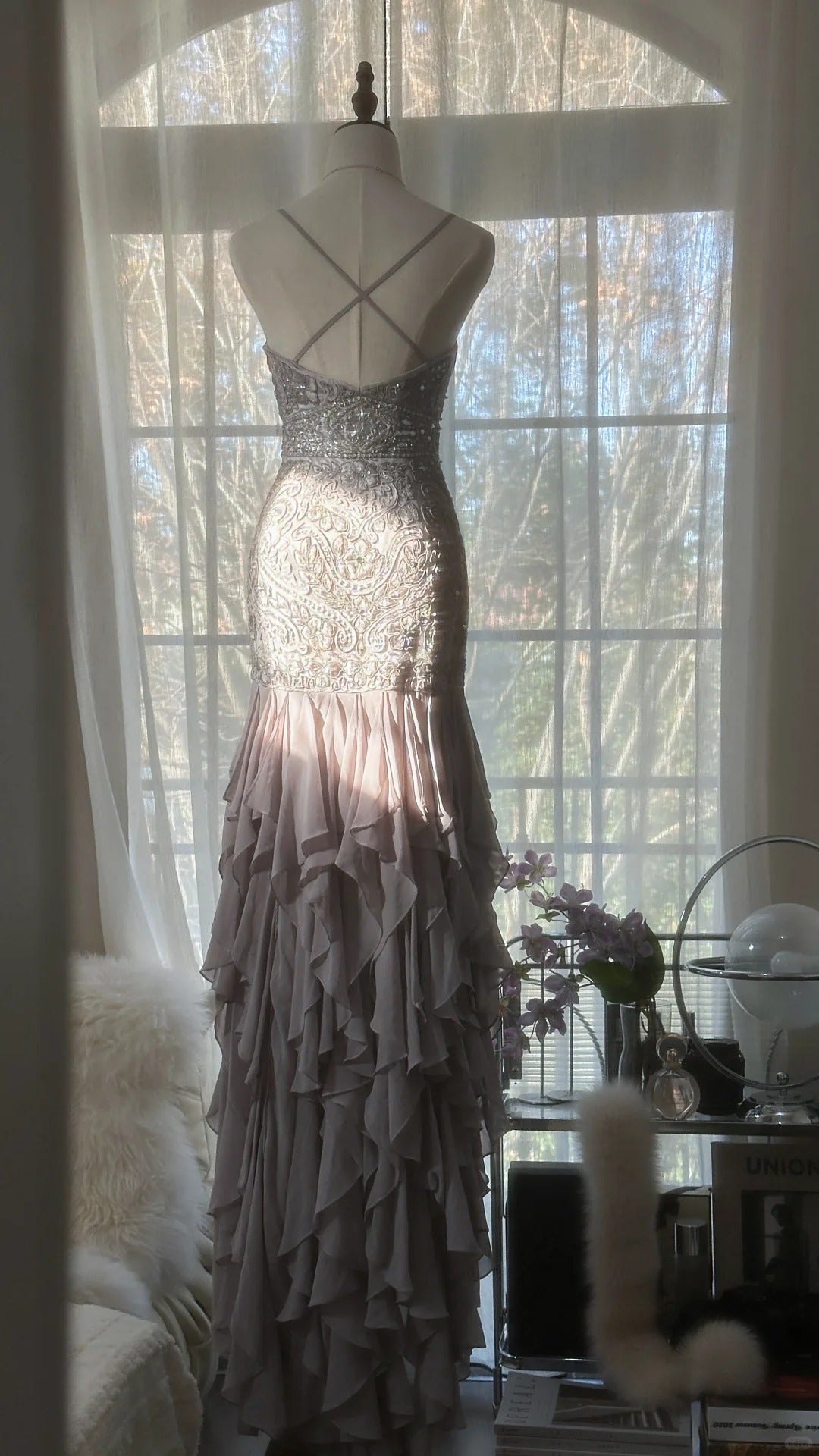 Lila Romantisches Wunderschönes Exquisites Elegantes Perlenbesetztes Spitzen-Lang-Chiffon-Abendkleid Ballkleid Ballkleid Geburtstags-Ferien-Partykleid gh4046