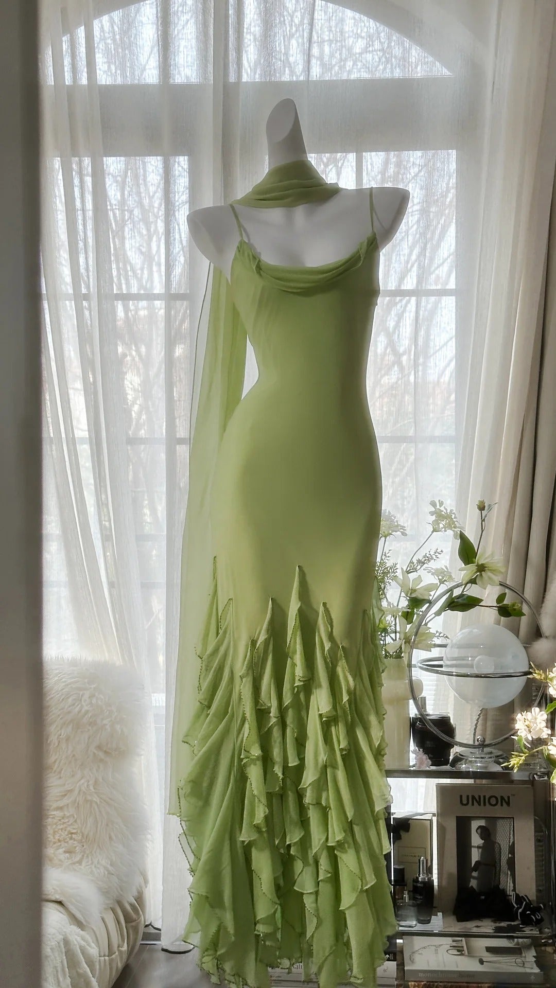 Grünes stilvolles elegantes Spaghettiträger-Lang-Rüschen-Meerjungfrauen-Slim-Fit-Chiffon-Ballkleid-Geburtstags-Partykleid-Abendkleid-Abschlussballkleid gh3976