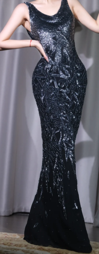 ✨Girlhomeshops-Cowl Neck Sequin Mermaid Prom Dress, Black Silver Beaded Sleeveless Evening Gown gh9946