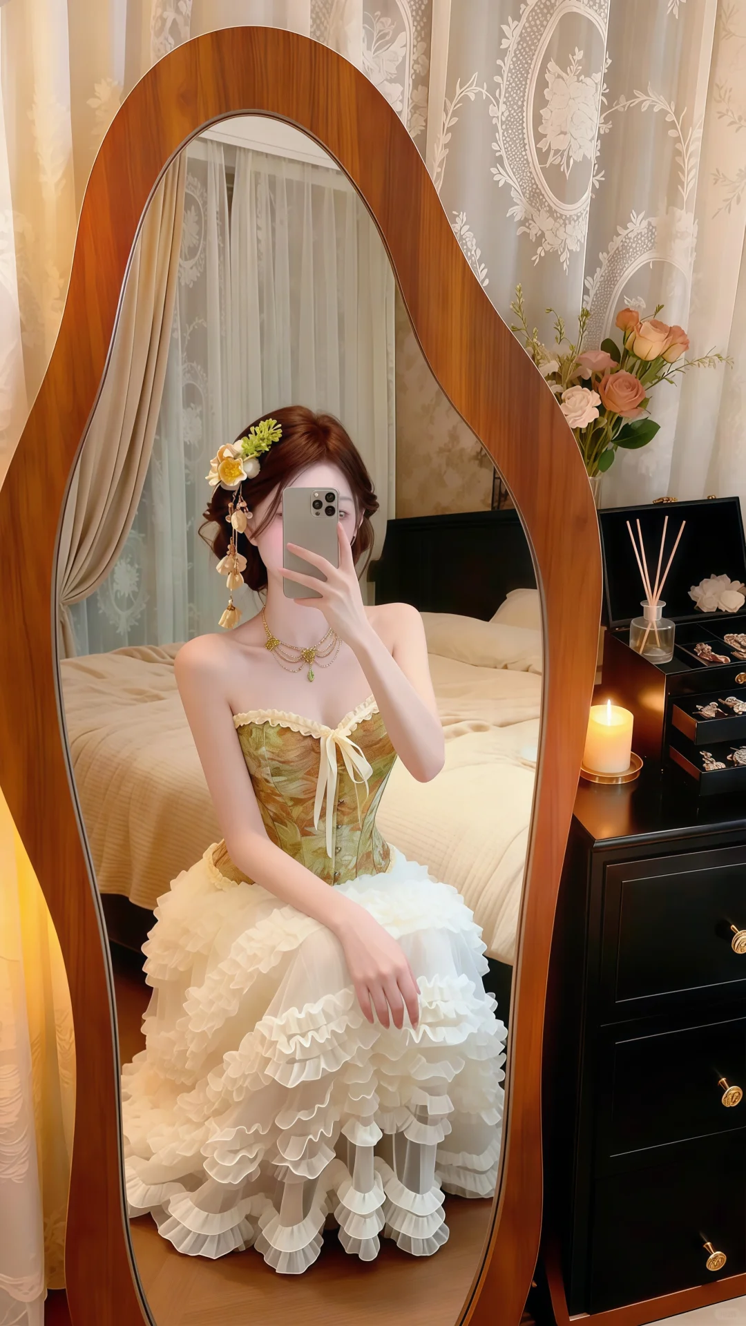 Oil‑Painting Green 2‑Piece Evening Gown, Strapless Printed Corset Top Tiered Ruffle Tulle Skirt Prom Dress gh9141