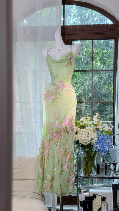 Mint Green Cowl Neck Floral Print Spaghetti Strap Mermaid Dress, Slit Chiffon Long Evening Gown, Romantic Garden Party Formal Dress gh9498