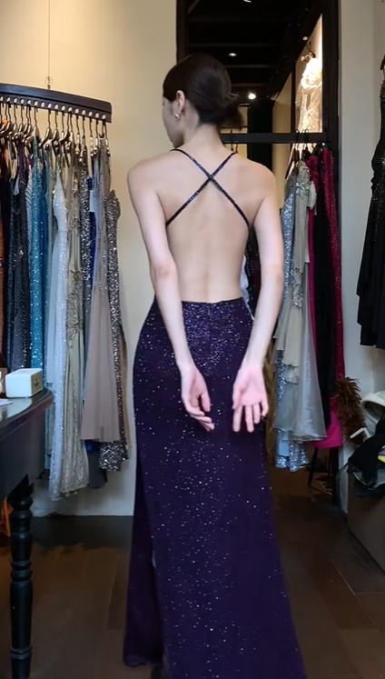 Halter Dark Purple Evening Gown Full Sparkle Sequin Waist Cutout Mermaid High Slit Long Prom Dress gh9709