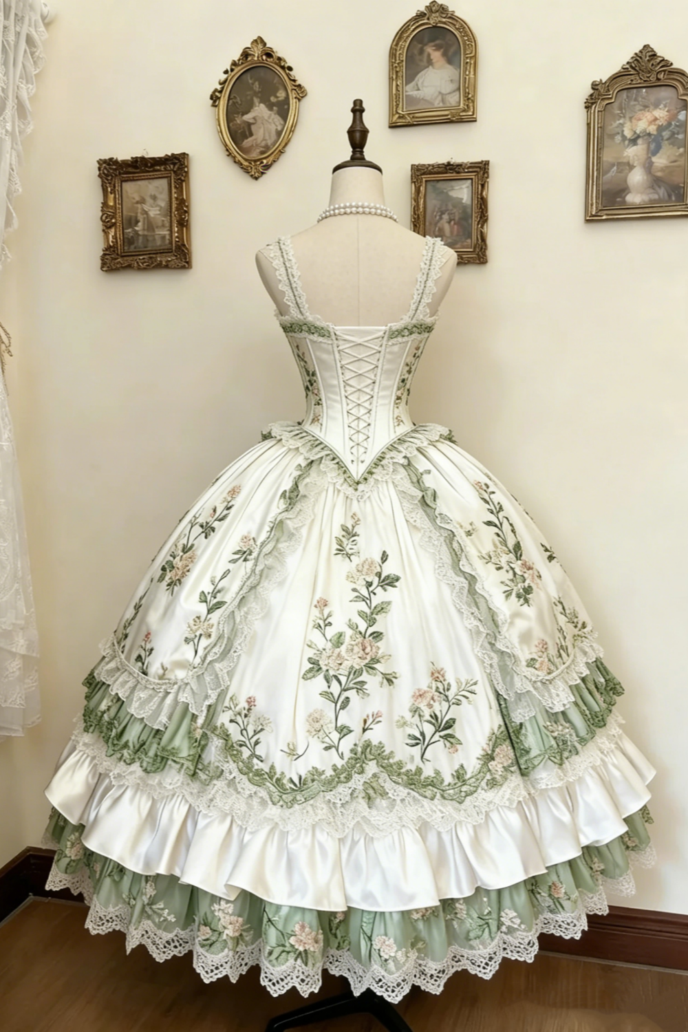 Robe de palais rococo rose verte et blanche gh6781