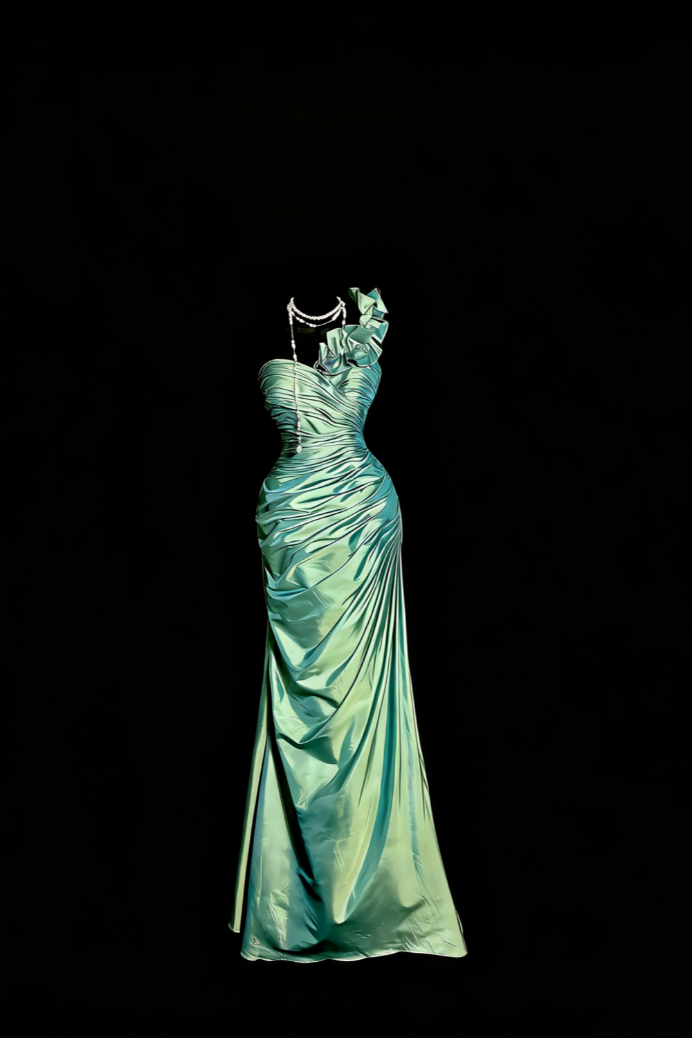 Mintgrünes One-Shoulder-Kleid aus Satin mit Rüschen gh7096