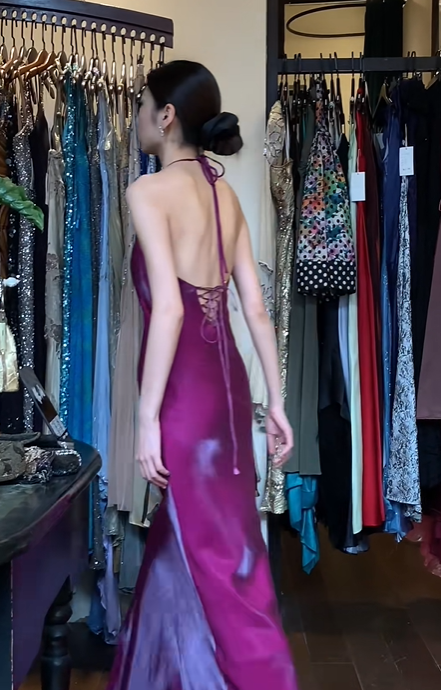 Plum Purple Halter U-Neck Long Formal Gown High Slit Satin Mermaid Evening Dress gh9666