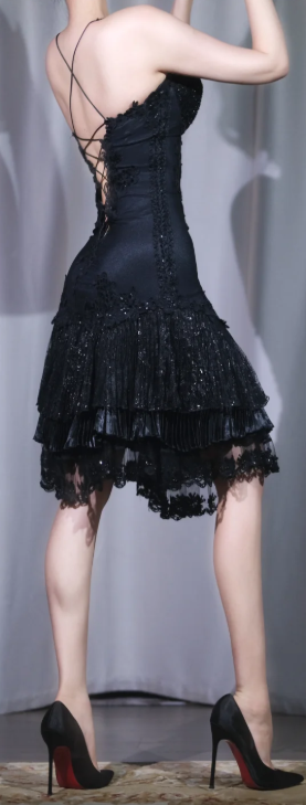 ✨Girlhomeshops-Black Beaded Lace Spaghetti Strap Evening Dress Tiered Ruffle Sequin Party Gown gh10045