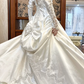 Ivory Vintage Satin Lace Ballgown Wedding Dress, Puff Long Sleeve Bridal Prom Dress gh8732