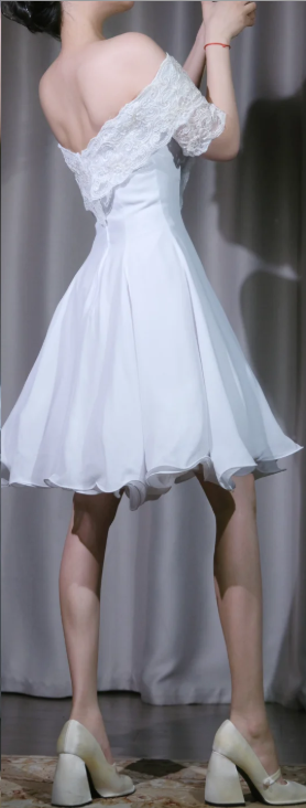✨Girlhomeshops-White Off Shoulder Mini Prom Dress Lace Half Sleeve Chiffon Flowy Evening Gown gh9963