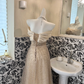 Light Apricot Off-the-Shoulder Beaded Waist-Cinched Soft Elegant Romantic Dress, Wedding Gown gh7688