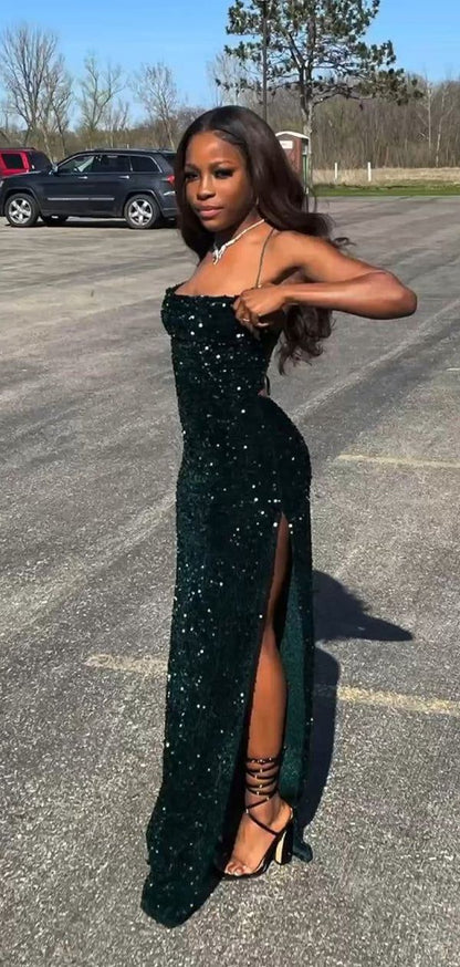 Dunkelgrün glänzende elegante Meerjungfrau Pailletten langer Schlitz sexy Ballkleid Ballkleid Abendkleid 22. Geburtstag Outfit Partykleid gh2986