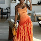 Rosa/Orange/Grün Gradient Spaghetti-trägern Mode Elegante Lange Rüschen Chiffon Ballkleid Abendkleid Party Kleid gh3252
