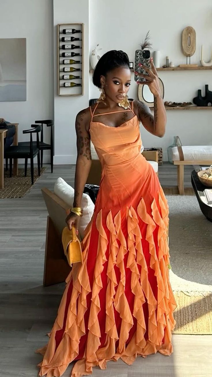Rosa/Orange/Grün Gradient Spaghetti-trägern Mode Elegante Lange Rüschen Chiffon Ballkleid Abendkleid Party Kleid gh3252