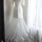Off‑the‑Shoulder Mermaid Wedding Dress, Lace Elbow‑Length Sleeves Pearl Beaded Waistband Illusion Tulle Lace Train Bridal Gown gh9116