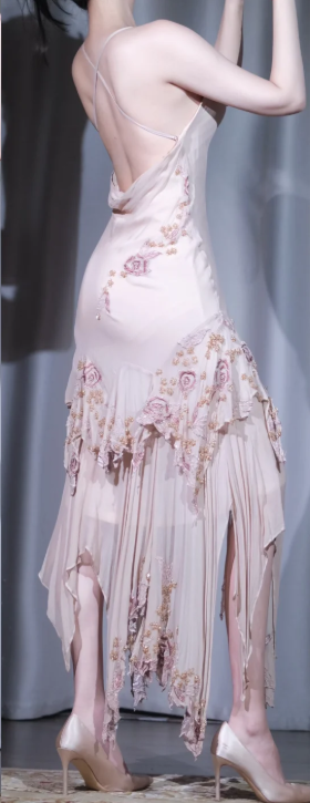 ✨Girlhomeshops-Nude Pink Cowl Neck Backless Floral Beaded Fringe Midi Party Dress gh10031