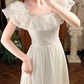 Off‑White Ruffle Neckline Fitted Waist Full Flared Skirt Vintage Lace Elegant Prom Gown, Wedding Dress gh8597