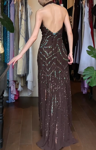 Dark Brown Vintage Prom Dress Halter Deep V Chevron Sequin Beaded Chiffon Long Evening Gown gh9605
