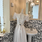 White Puff Sleeve Square Neck Waist-Cinched Slimming Elegant Romantic Dress, Wedding Gown gh7695