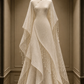 ✨Girlhomeshops-Ivory High Collar Mermaid Qipao Lace Dress Cape Sleeve Pearl Tassel Train gh10326