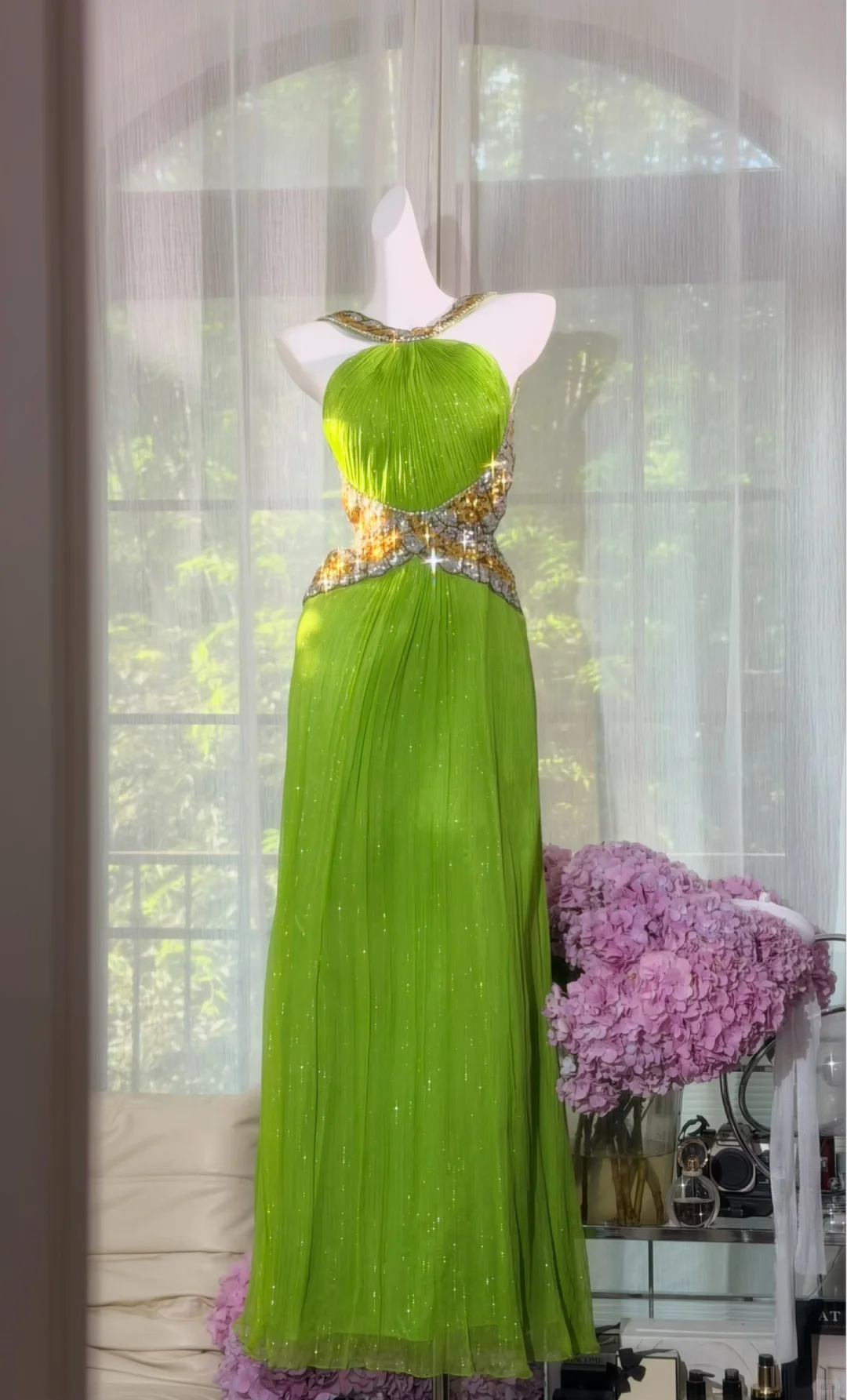 Lime Green Pleated Halter Long Prom Dress, Heavy Gold & Silver Rhinestone Cutout Waist Evening Gown, Sparkly Chiffon Formal Party Dress gh9494