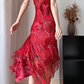 Wine‑Red‑Vintage‑Dress Spaghetti‑Strap 3D‑Rose‑Appliqués Gold‑Beaded‑Embroidery Glitter‑Striped‑Tulle Asymmetrical‑Ruffled‑Slit‑Mermaid‑Hem Matching‑Tassel‑Scarf Midi‑Evening‑Party‑Gown gh8828