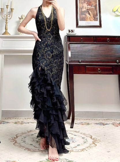 Black‑Gold Vintage Halter V‑Neck Prom Gown, Gold‑Thread Embroidered Lace Bodice, Fitted Bodycon Silhouette, One‑Side High Slit, Tiered Ruffled Asymmetrical Mermaid Skirt, Evening Prom Dress gh8810