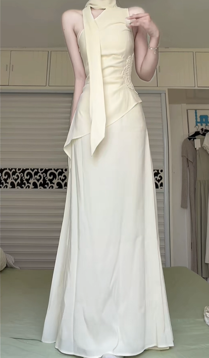 Cream White Halter Neck Long Evening Gown, Cut‑Out V‑Neck Asymmetric Overlay Lace Side Detail A‑Line Floor‑Length Formal Prom Dress gh8980