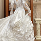 Ivory Vintage Satin Wedding Gown, Illusion Square Neck, Dramatic Puff Shoulder Combined Long Sleeves, Lace Appliqué Fitted Waist, Satin 3D Floral Embroidered Full Skirt, Ruffled Hem, Bridal Prom Dress gh8727
