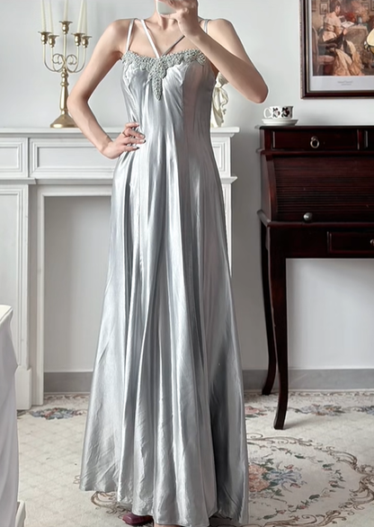 Silver‑Grey Vintage Spaghetti‑Strap Prom Gown, Exquisite Lace Applique At Bust, Lustrous Satin Fabric, Fitted Waist Draped Full A‑Line Long Skirt, Evening Prom Dress gh8811