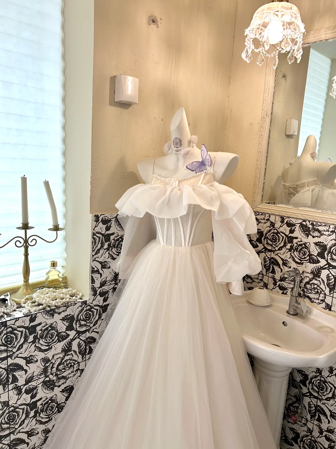 Ivory Spaghetti Straps Ruffled Neckline Waist-Cinched Full Flared Skirt Long Romantic Dress, Wedding Gown gh7757