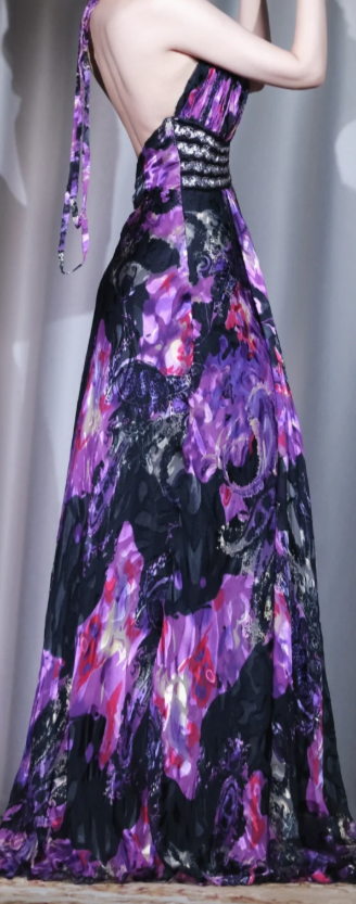 ✨Girlhomeshops-Halter Purple Black Print Long Evening Dress Deep V Beaded Waist Chiffon Maxi Gown gh10050