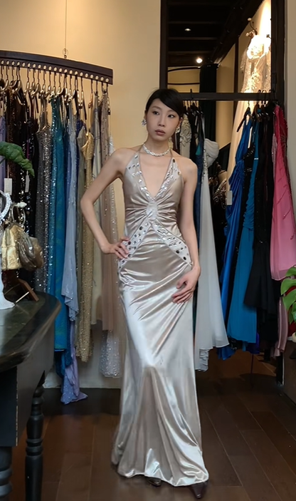 Champagne Silver Halter Long Formal Gown Satin Rhinestone Beaded Mermaid Evening Dress gh9644
