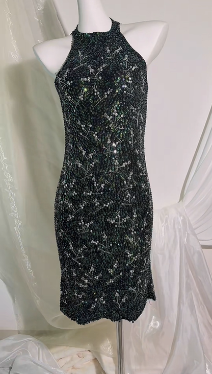 Sexy Vintage Black Base Halter Prom & Evening Party Dress, Beaded Details, Fitted Waist Bodycon Silhouette gh8552