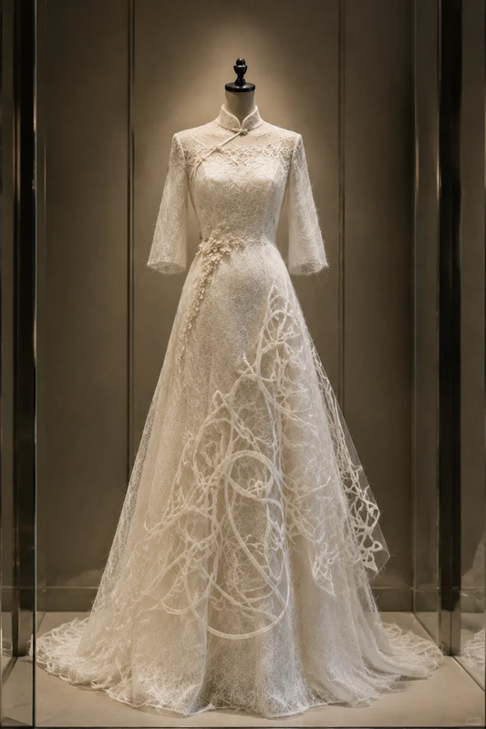 ✨Girlhomeshops-Chinese Lace Qipao Wedding Dress A-line Bridal Gown with Train gh10361