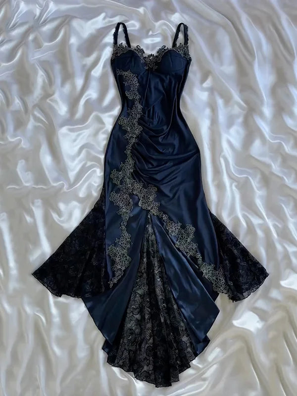 Blue gorgeous exquisite applique lace spaghetti straps long satin prom dress evening dress party dress gh3335