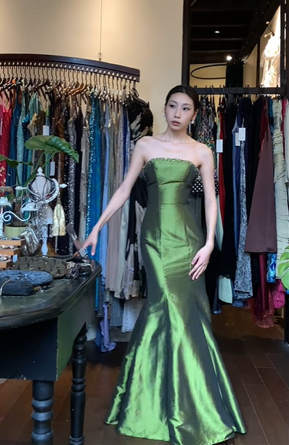 Olive Green Strapless Long Formal Gown Beaded Taffeta Mermaid Evening Dress gh9658