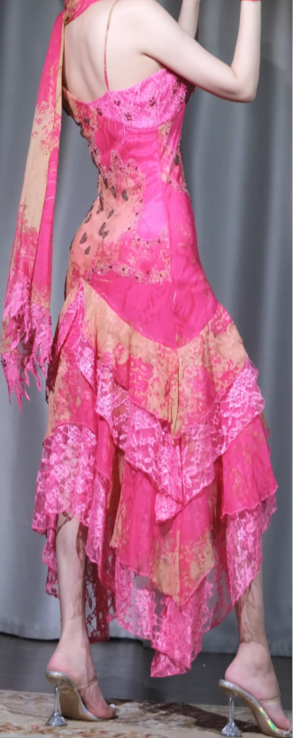 ✨Girlhomeshops-Spaghetti Strap Beaded Floral Dress, Fuchsia Irregular Ruffle Midi Evening Gown gh9940