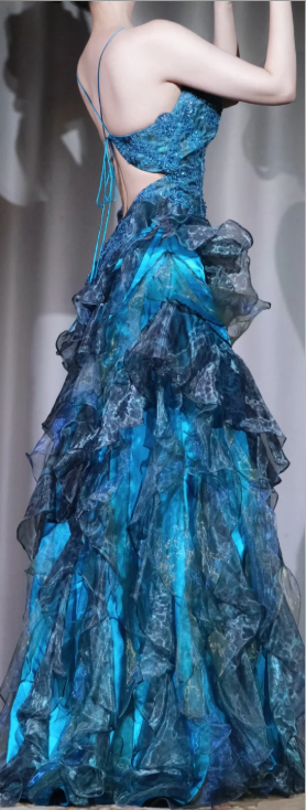 ✨Girlhomeshops-Peacock Blue Layered Ruffle Mermaid Prom Dress Beaded Lace Evening Gown gh9987