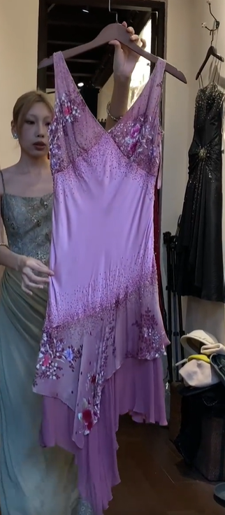 Wide Strap Lavender Prom Dress V Neck Hand Beaded Floral Print Asymmetrical Ruffle Formal Evening Gown gh9820