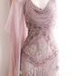 Women Dusty Pink Gatsby Style Evening Gown Halter Cowl Neck Hand-Beaded Lace Appliques Long Fringe Skirt with Matching Sheer Scarf gh9566
