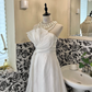 White Strapless Waist-Cinched Full Flared Long Romantic Dress, Wedding Gown gh7661