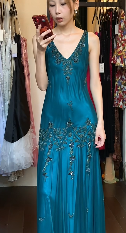 Teal V Neck Beaded Prom Dress Sleeveless Pleated Chiffon Long Formal Evening Gown gh9843