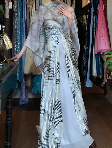 Zebra Print Strapless Long Formal Gown Rhinestone Beaded Waist Chiffon Split Prom Dress gh9636